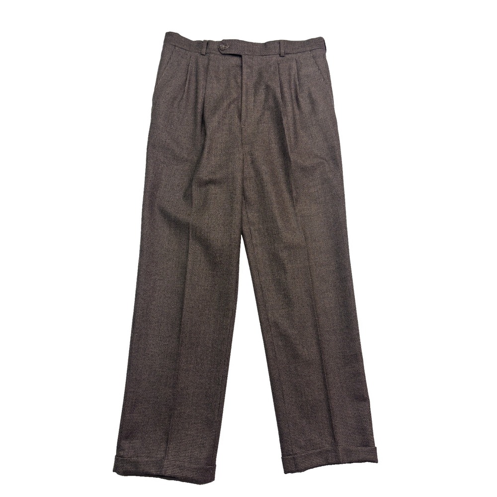 vtg Green Houndstooth 34x32 Harwich Dress Suit Pants 100% Wool Pleated Cuffed